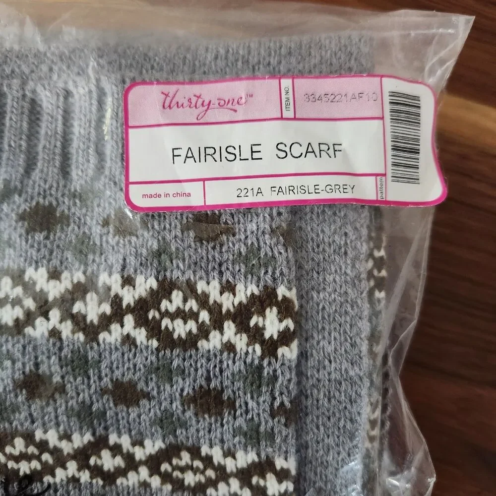 Thirty One Gray Fairisle Warm Winter Scarf Pocket Youth